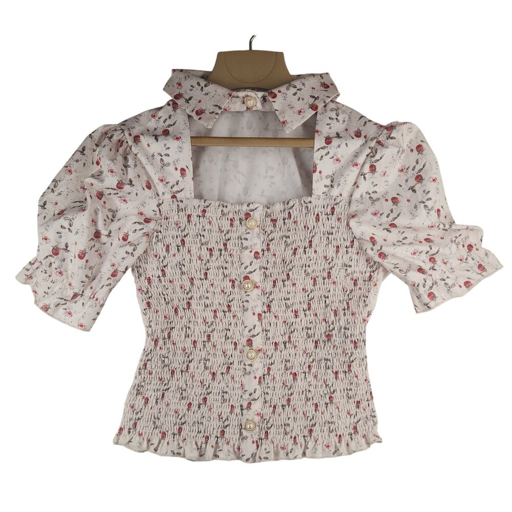 Peek a Boo Top Pink Red Roses sexy smocked shirt Puff Sleeves Pearl  Coquette